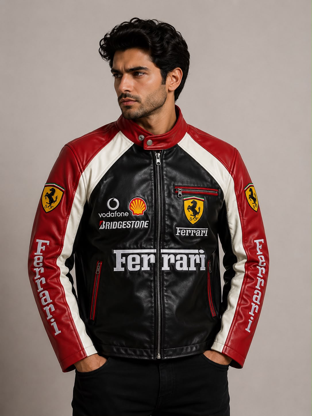 F1 Ferrari Black Leather Jacket – Premium Vintage Racing Biker Jacket for Unisex | ZeyNox Streetwear