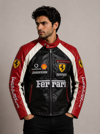 F1 Ferrari Black Leather Jacket – Premium Vintage Racing Biker Jacket for Unisex | ZeyNox Streetwear
