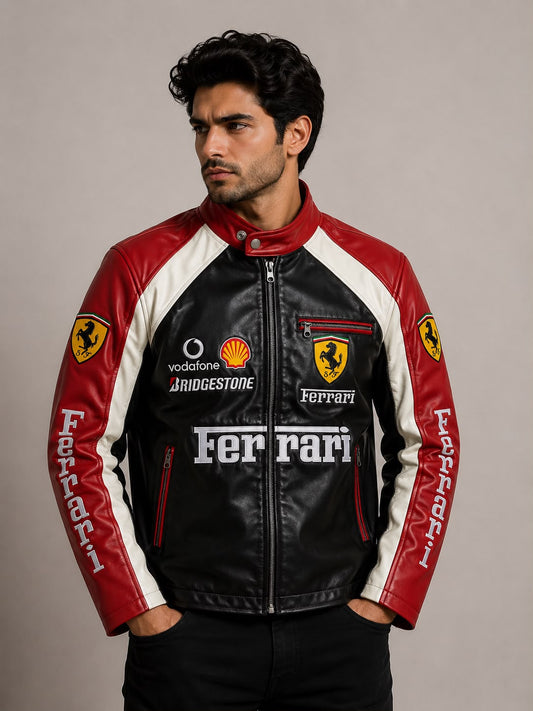 F1 Ferrari Black Leather Jacket – Premium Vintage Racing Biker Jacket for Unisex | ZeyNox Streetwear