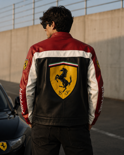 F1 Ferrari Black Leather Jacket – Premium Vintage Racing Biker Jacket for Unisex | ZeyNox Streetwear