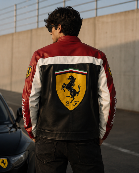 F1 Ferrari Black Leather Jacket – Premium Vintage Racing Biker Jacket for Unisex | ZeyNox Streetwear