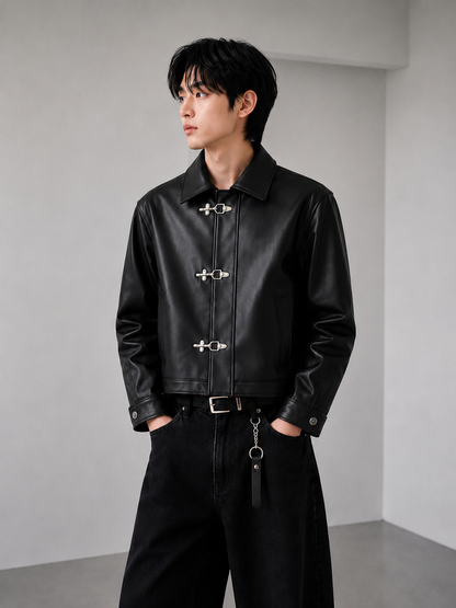 Fireman Clasp Black Leather Jacket for Unisex | Vintage Motorcycle Biker Jacket