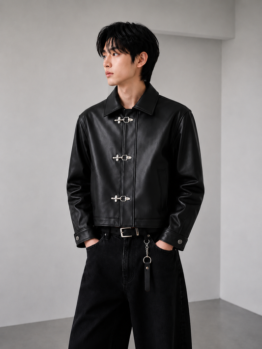Fireman Clasp Black Leather Jacket for Unisex | Vintage Motorcycle Biker Jacket