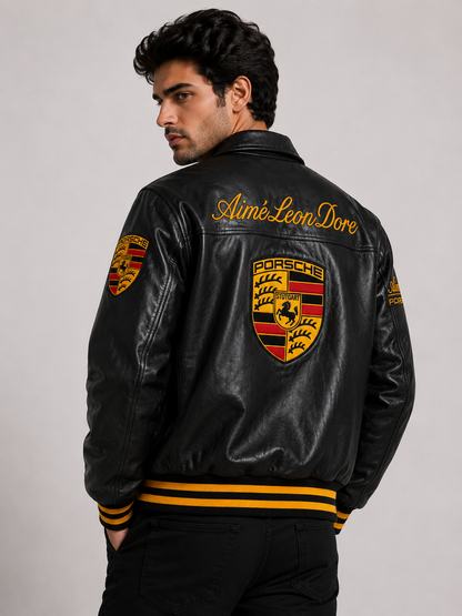 Porsche Black Leather Jacket | Premium Racing Style Leather Jacket for Unisex | ZeyNox Streetwear