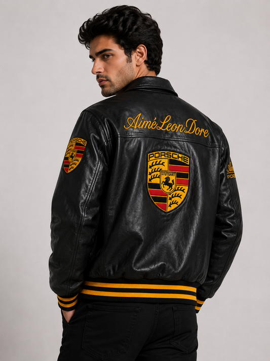 Porsche Black Leather Jacket | Premium Racing Style Leather Jacket for Unisex | ZeyNox Streetwear