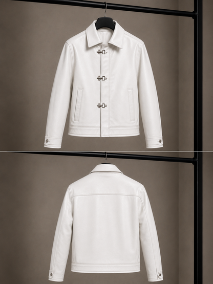 Fireman Clasp White Leather Jacket | Men's Vintage Biker Jacket and stylish jacket