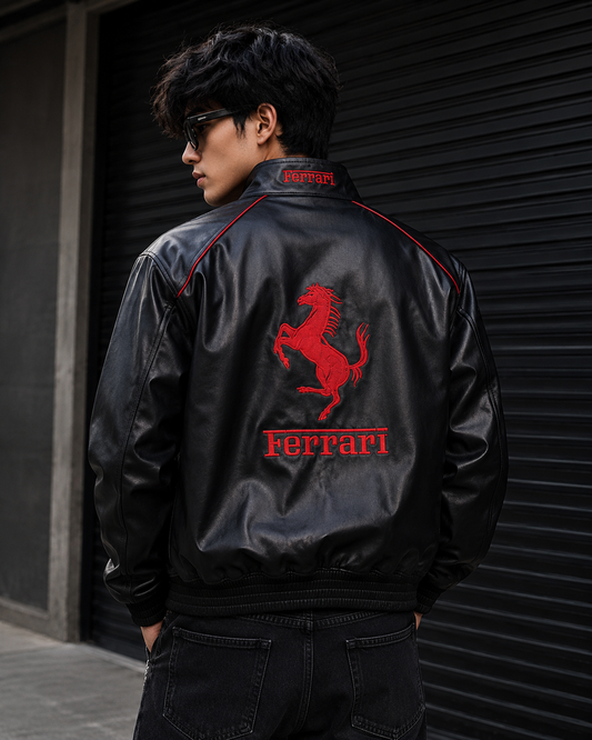Ferrari Red & Black Leather Jacket | Vintage F1 Racing Jacket for unisex | ZeyNox Streetwear