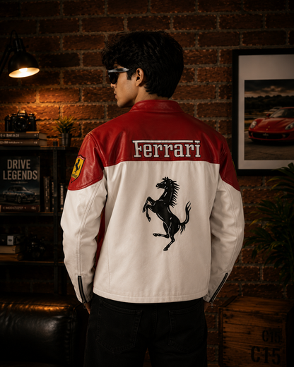 Premium White & Red ferrari Leather Jacket for Men & Women | Stylish Genuine Leather Biker Jacket