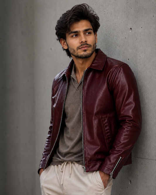 Faux Burgundy Leather Jacket – Classic Zip-Up Casual Biker Jacket for Unisex| Premium Vegan Leather