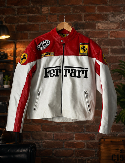 Premium White & Red ferrari Leather Jacket for Men & Women | Stylish Genuine Leather Biker Jacket