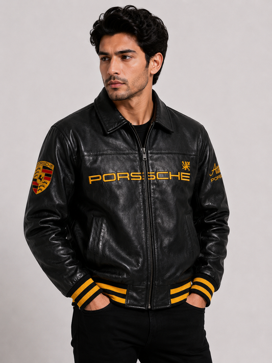 Porsche Black Leather Jacket | Premium Racing Style Leather Jacket for Unisex | ZeyNox Streetwear