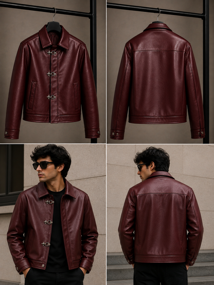 Fireman Clasp Maroon Leather Jacket | Vintage Biker & Racing Style