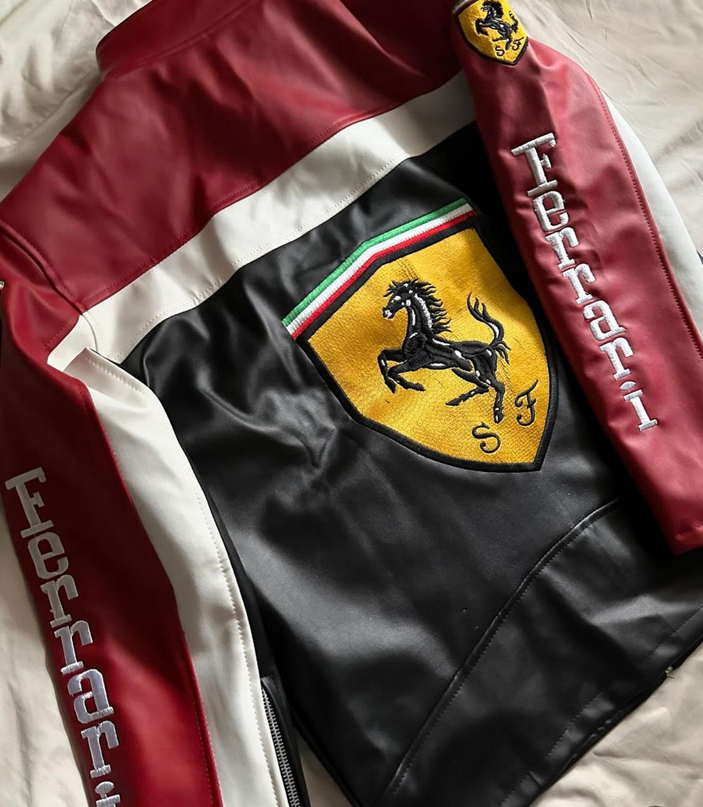 F1 Ferrari Black Leather Jacket – Premium Vintage Racing Biker Jacket for Unisex | ZeyNox Streetwear
