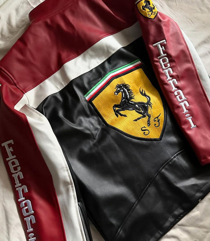 F1 Ferrari Black Leather Jacket – Premium Vintage Racing Biker Jacket for Unisex | ZeyNox Streetwear