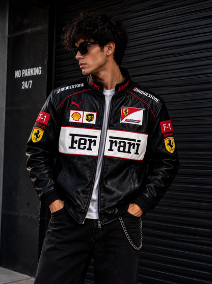 Ferrari White & Black Leather Jacket | Premium Racing Style Jacket for unisex