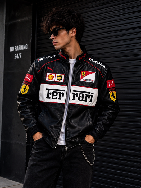 Ferrari White & Black Leather Jacket | Premium Racing Style Jacket for unisex