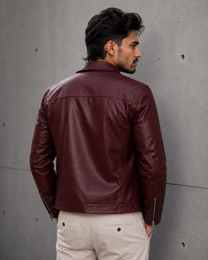 Faux Burgundy Leather Jacket – Classic Zip-Up Casual Biker Jacket for Unisex| Premium Vegan Leather