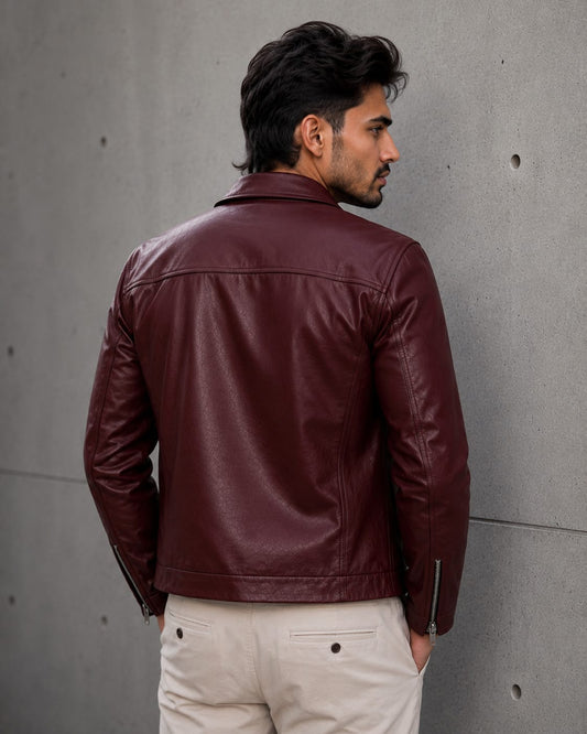 Faux Burgundy Leather Jacket – Classic Zip-Up Casual Biker Jacket for Unisex| Premium Vegan Leather