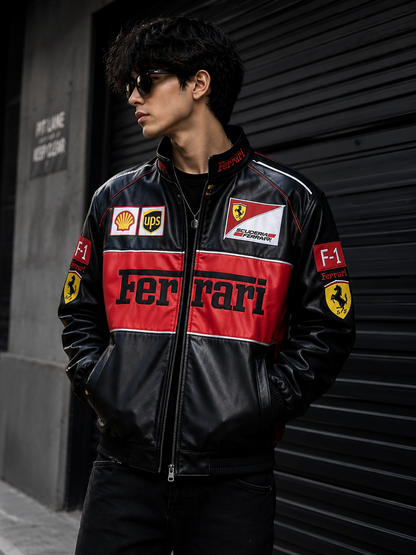 Ferrari Red & Black Leather Jacket | Vintage F1 Racing Jacket for unisex | ZeyNox Streetwear