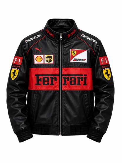 Ferrari Red & Black Leather Jacket | Vintage F1 Racing Jacket for unisex | ZeyNox Streetwear