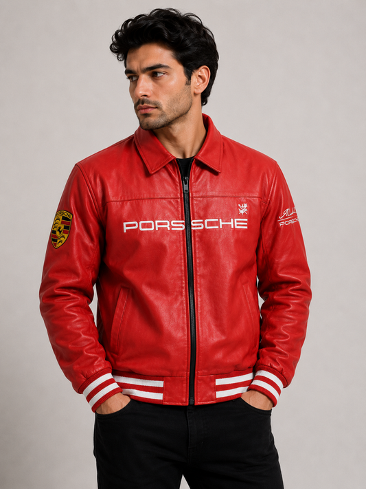 Porsche Red Leather Jacket | Premium Racing Style Genuine Leather Jacket for Unisex | ZeyNox Streetwear