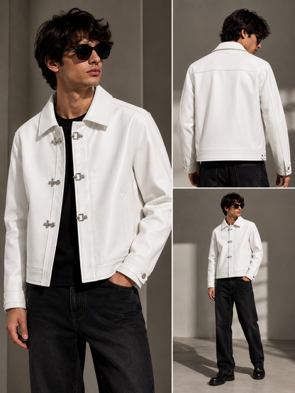 Fireman Clasp White Leather Jacket | Men's Vintage Biker Jacket and stylish jacket