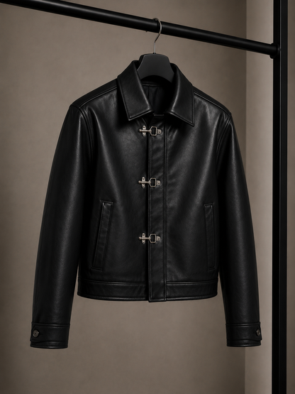 Fireman Clasp Black Leather Jacket for Unisex | Vintage Motorcycle Biker Jacket