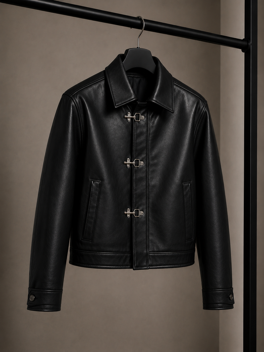 Fireman Clasp Black Leather Jacket for Unisex | Vintage Motorcycle Biker Jacket