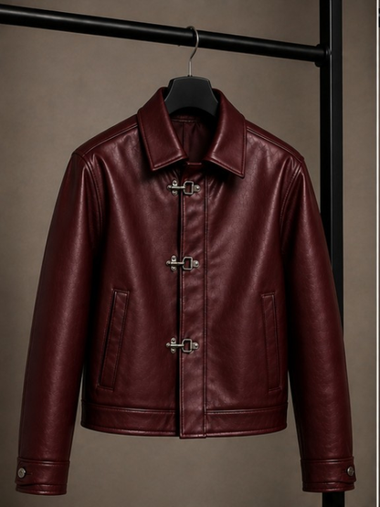 Fireman Clasp Maroon Leather Jacket | Vintage Biker & Racing Style