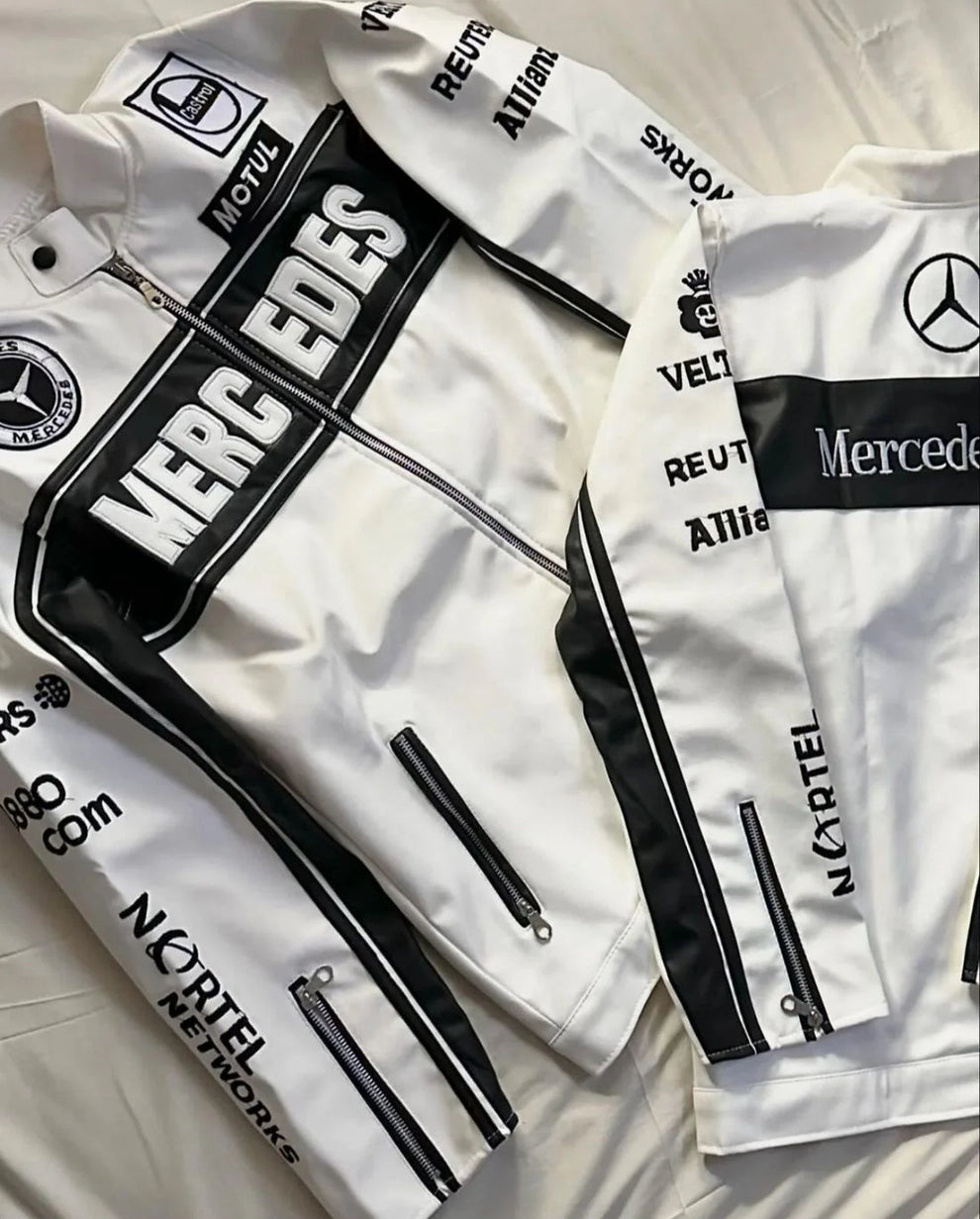 White Mercedes Leather Jacket – Premium Racing Style Leather Jacket for Unisex| ZeyNox