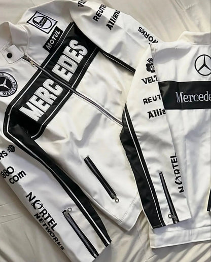 White Mercedes Leather Jacket – Premium Racing Style Leather Jacket for Unisex| ZeyNox