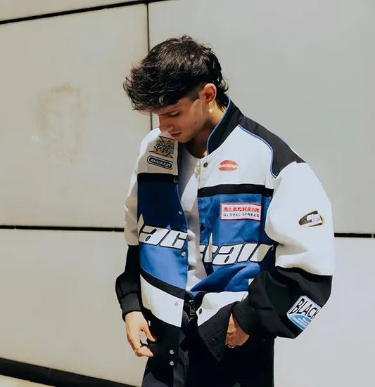 BlackAir Blue Racing Jacket – Vintage Streetwear Motorsport Bomber Jacket for unisex