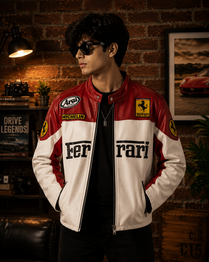 Premium White & Red ferrari Leather Jacket for Men & Women | Stylish Genuine Leather Biker Jacket