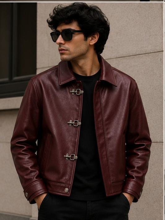 Fireman Clasp Maroon Leather Jacket | Vintage Biker & Racing Style
