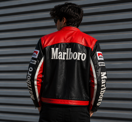 Marlboro Black Leather Jacket | Vintage Racing Biker Jacket | Premium Motorsport Streetwear