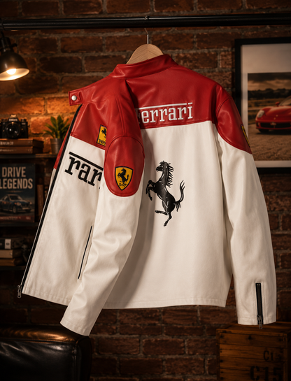 Premium White & Red ferrari Leather Jacket for Men & Women | Stylish Genuine Leather Biker Jacket