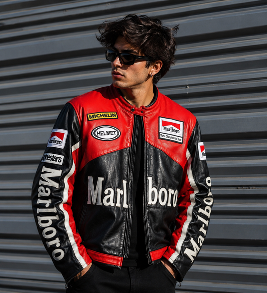 Marlboro Black Leather Jacket | Vintage Racing Biker Jacket | Premium Motorsport Streetwear