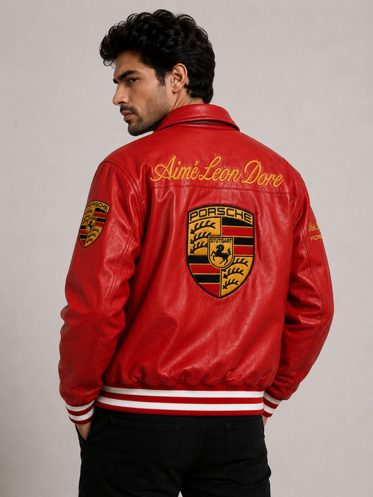 Porsche Red Leather Jacket | Premium Racing Style Genuine Leather Jacket for Unisex | ZeyNox Streetwear