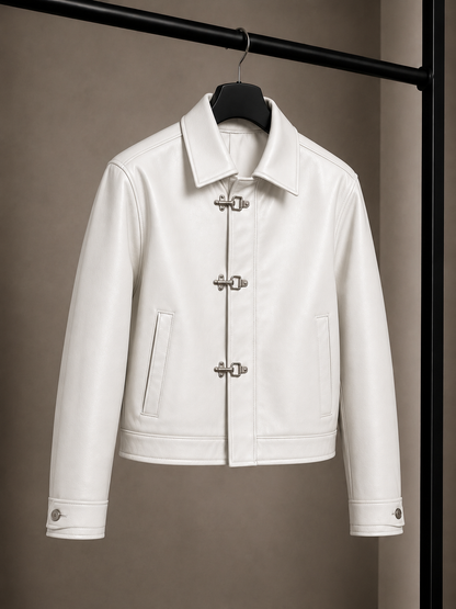 Fireman Clasp White Leather Jacket | Men's Vintage Biker Jacket and stylish jacket