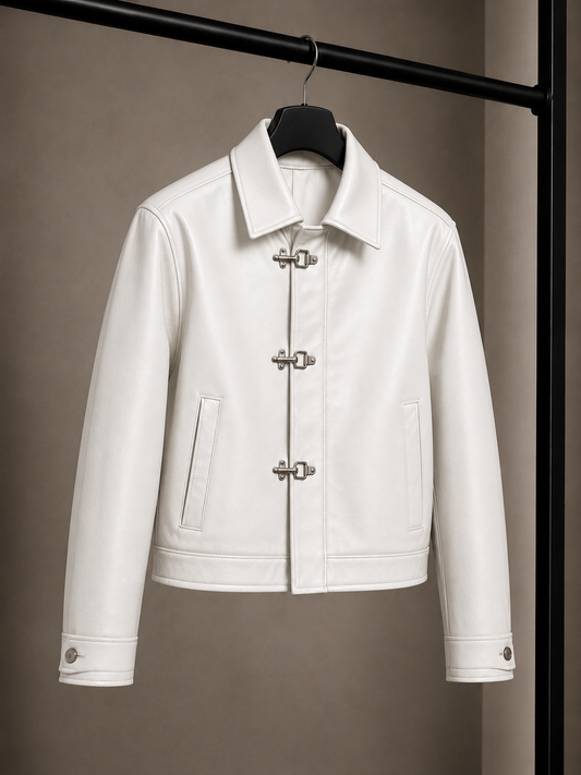 Fireman Clasp White Leather Jacket | Men's Vintage Biker Jacket and stylish jacket